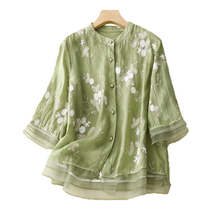 Camicia da donna a maniche corte con scollo rotondo e motivo floreale ricamato a petali, Buddha Stones. - image 15