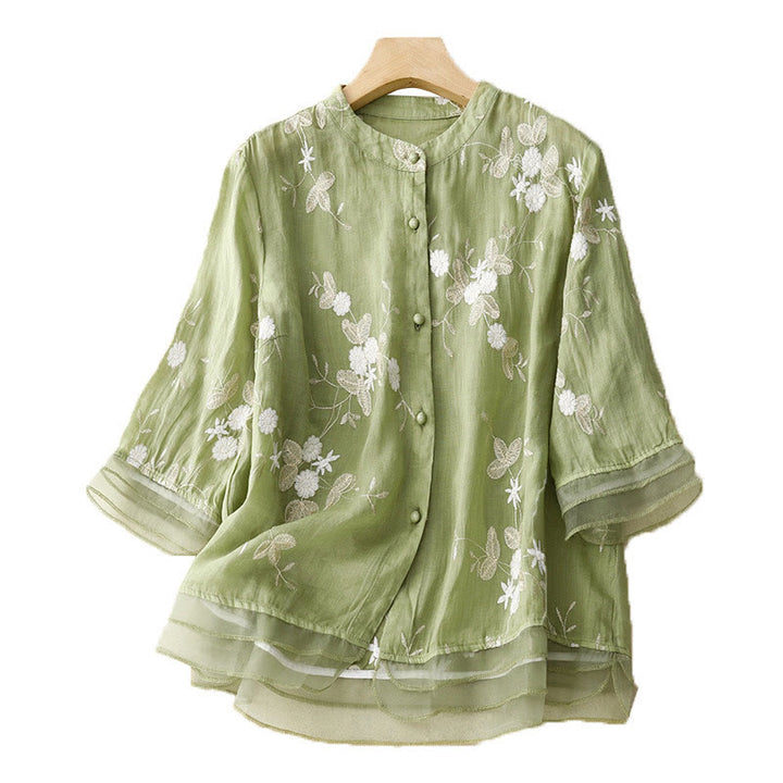 Camicia da donna a maniche corte con scollo rotondo e motivo floreale ricamato a petali, Buddha Stones. - image 15