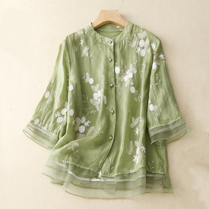 Camicia da donna a maniche corte con scollo rotondo e motivo floreale ricamato a petali, Buddha Stones. - Verde chiaro - US8-10, UK/AU12-14, EU40-42 (2XL) - image 14