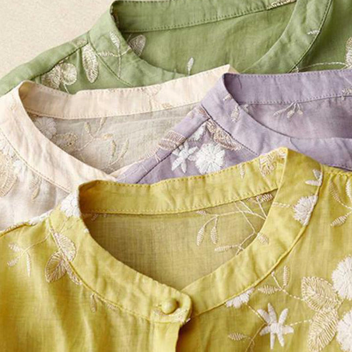 Camicia da donna a maniche corte con scollo rotondo e motivo floreale ricamato a petali, Buddha Stones. - image 21