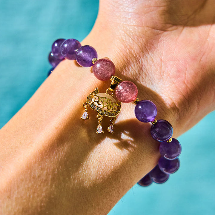 Braccialetto positivo con ciondolo a forma di lucchetto della pace, in quarzo fragola, ametista naturale , Buddha Stones