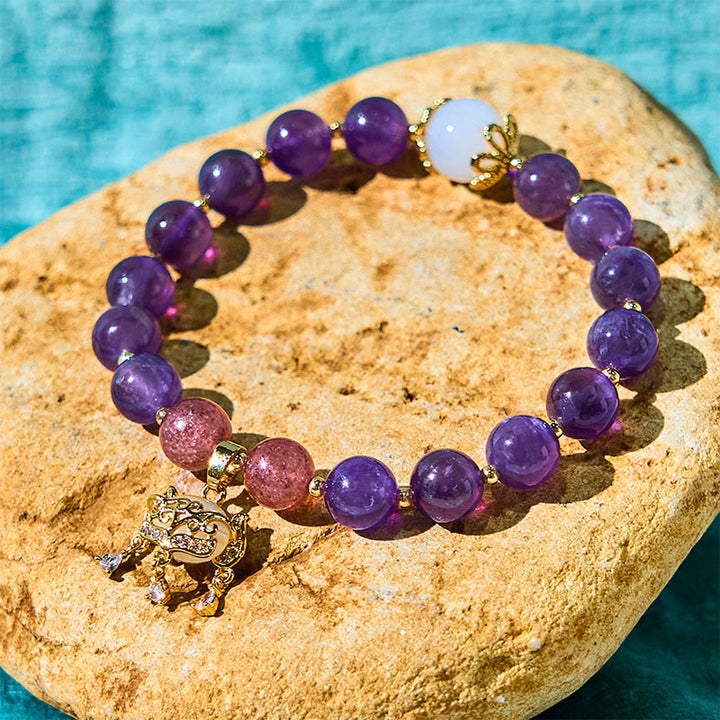 Braccialetto positivo con ciondolo a forma di lucchetto della pace, in quarzo fragola, ametista naturale , Buddha Stones