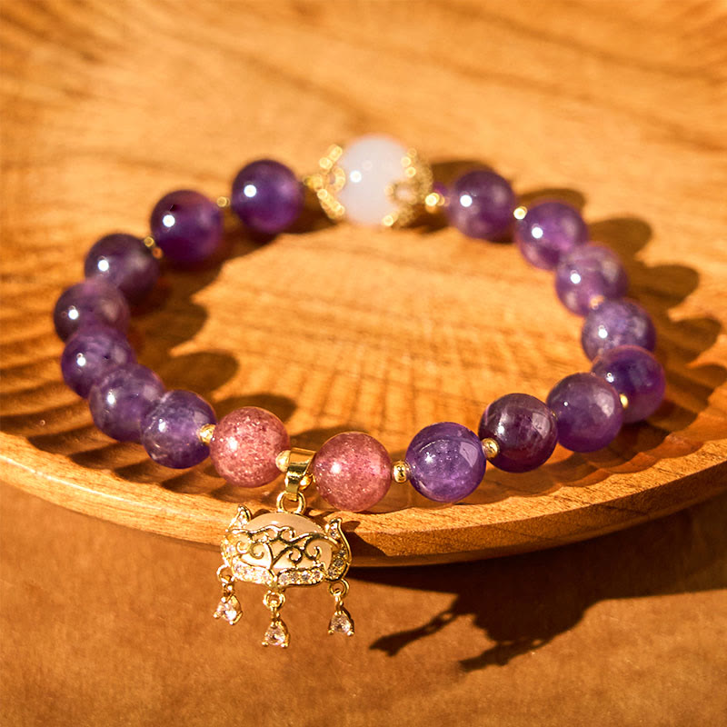 Braccialetto positivo con ciondolo a forma di lucchetto della pace, in quarzo fragola, ametista naturale , Buddha Stones