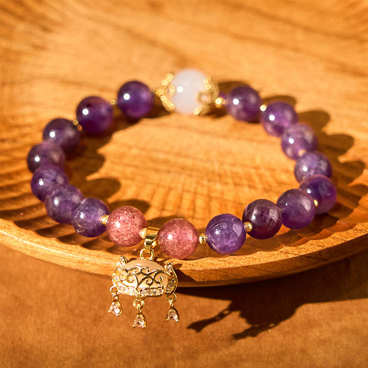 Braccialetto positivo con ciondolo a forma di lucchetto della pace, in quarzo fragola, ametista naturale , Buddha Stones