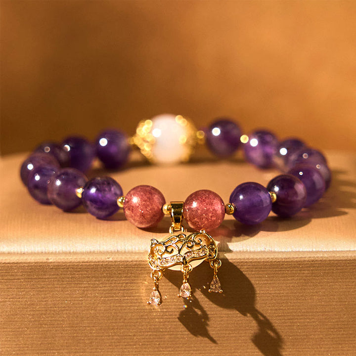 Braccialetto positivo con ciondolo a forma di lucchetto della pace, in quarzo fragola, ametista naturale , Buddha Stones