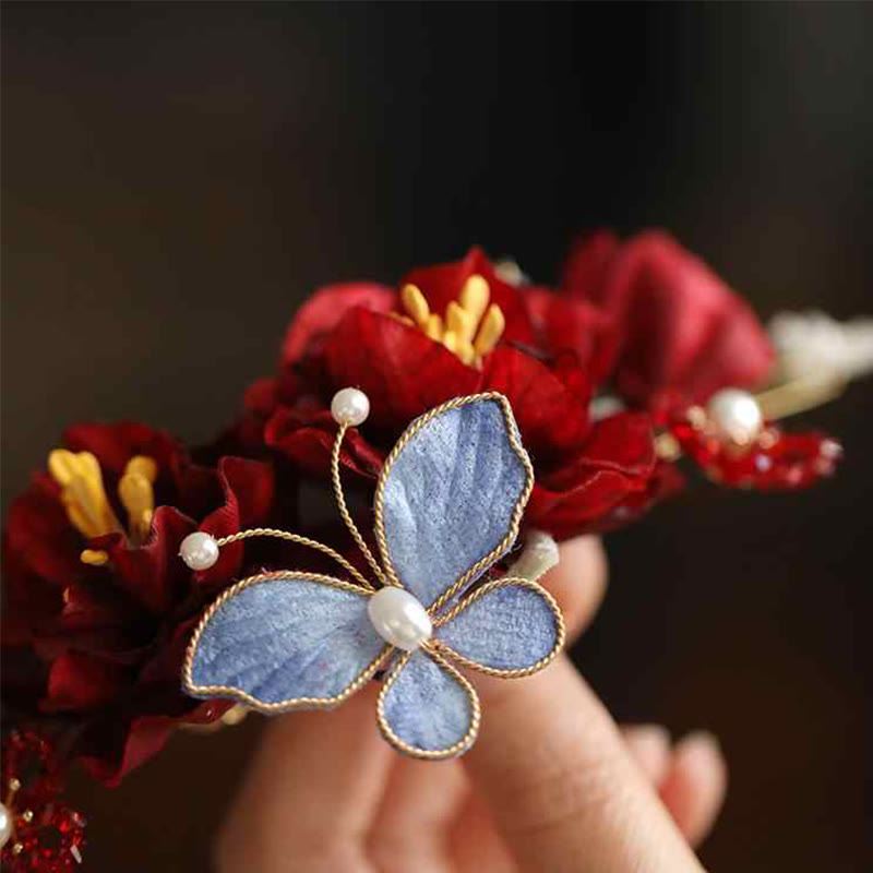 Fermaglio per capelli a farfalla con fiore rosso cinese per matrimonio Buddha Stones