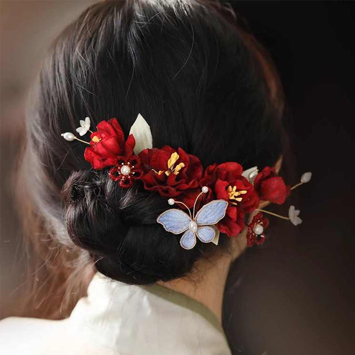 Fermaglio per capelli a farfalla con fiore rosso cinese per matrimonio Buddha Stones