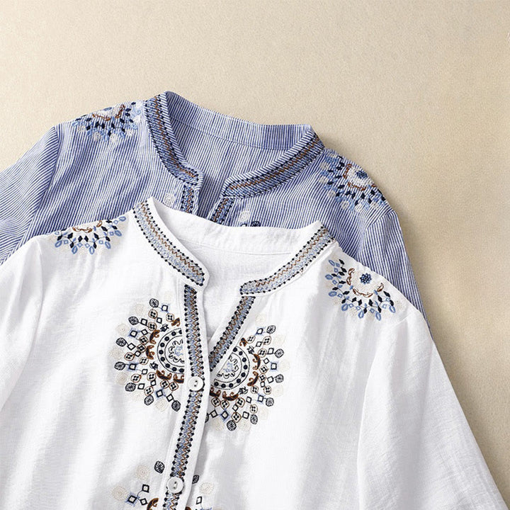Camicia casual da donna con scollo a V e maniche corte, ricamata con fiori e motivo Buddha Stones in stile bohémien. - image 9