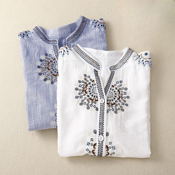 Camicia casual da donna con scollo a V e maniche corte, ricamata con fiori e motivo Buddha Stones in stile bohémien. - image 10