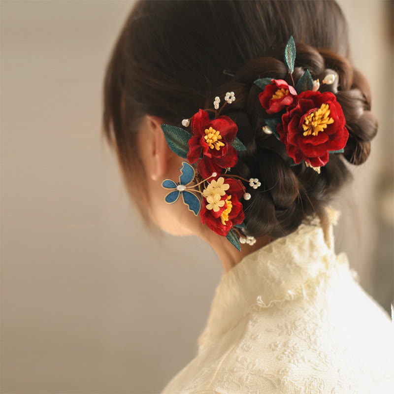 Buddha Stones Stile cinese Camelia rossa Farfalla Fermaglio per capelli Pettine per capelli Forcina per capelli Accessorio per fermaglio