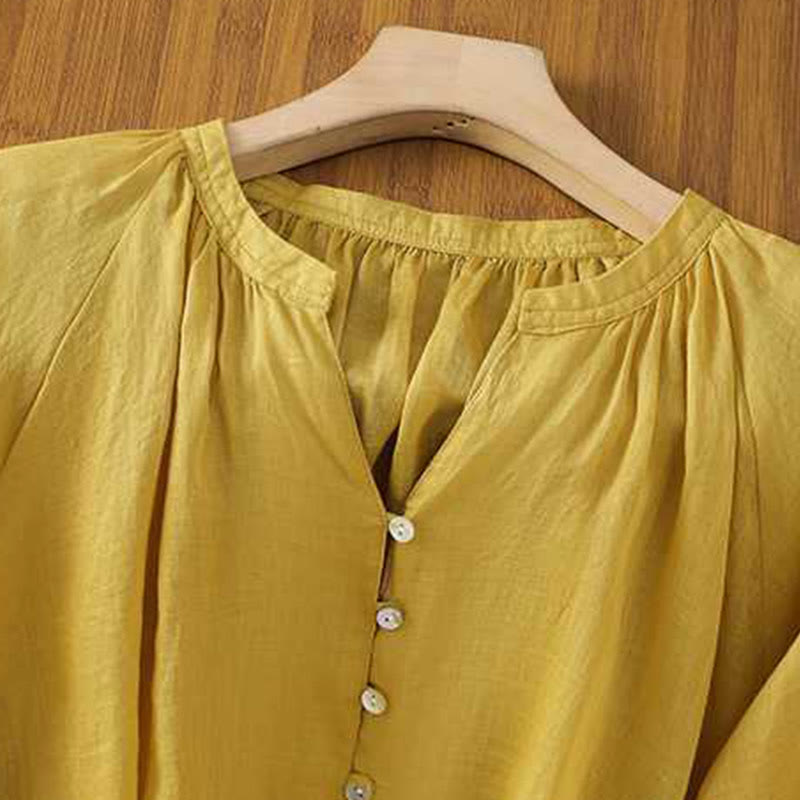 Camicia in cotone e lino con maniche a tre quarti, casual, tinta unita, da donna, con scollo a V, a fila singola, multi- Buddha Stones - image 2