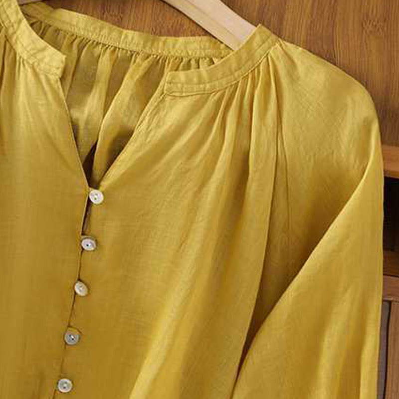 Camicia in cotone e lino con maniche a tre quarti, casual, tinta unita, da donna, con scollo a V, a fila singola, multi- Buddha Stones - image 3