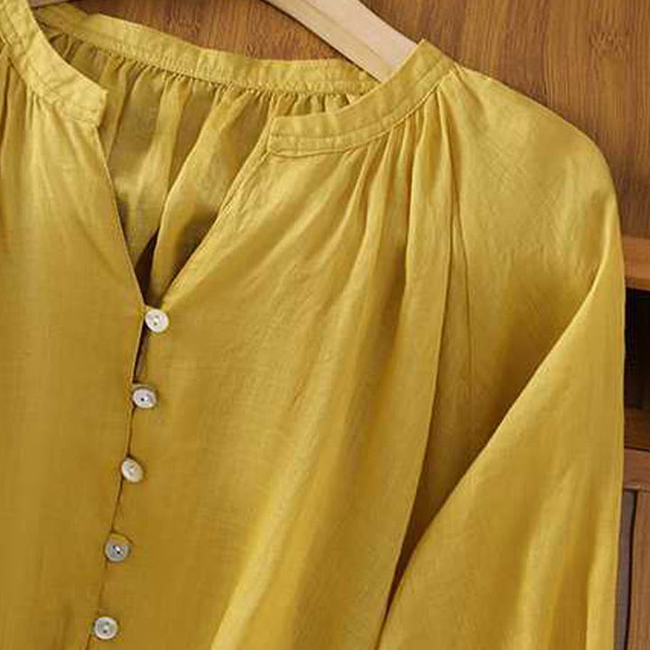 Camicia in cotone e lino con maniche a tre quarti, casual, tinta unita, da donna, con scollo a V, a fila singola, multi- Buddha Stones - image 3