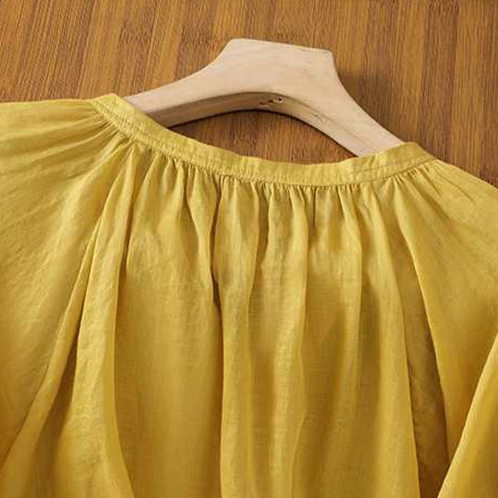 Camicia in cotone e lino con maniche a tre quarti, casual, tinta unita, da donna, con scollo a V, a fila singola, multi- Buddha Stones - image 4