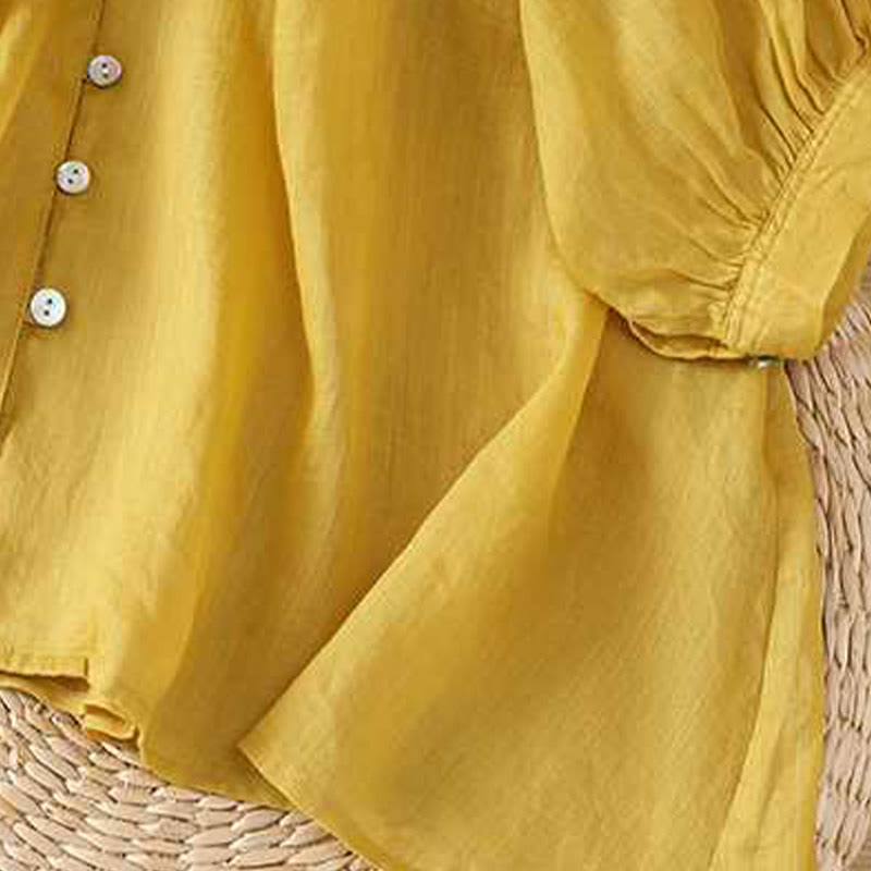 Camicia in cotone e lino con maniche a tre quarti, casual, tinta unita, da donna, con scollo a V, a fila singola, multi- Buddha Stones - image 7