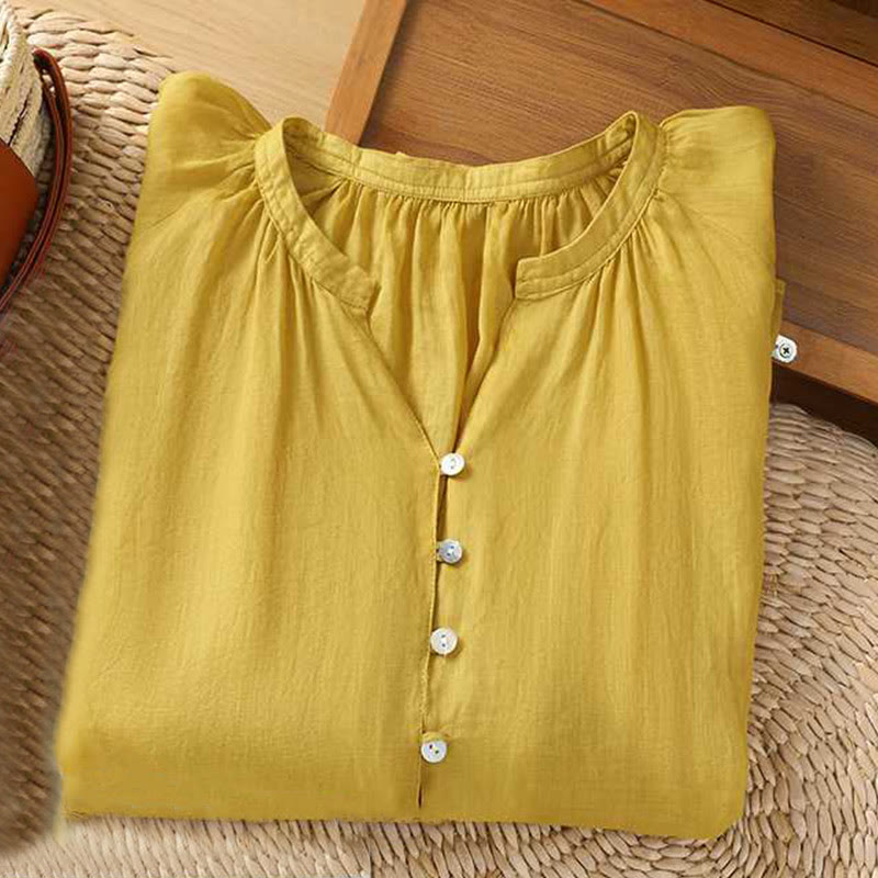 Camicia in cotone e lino con maniche a tre quarti, casual, tinta unita, da donna, con scollo a V, a fila singola, multi- Buddha Stones - image 5