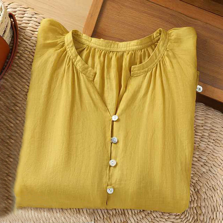Camicia in cotone e lino con maniche a tre quarti, casual, tinta unita, da donna, con scollo a V, a fila singola, multi- Buddha Stones - image 5