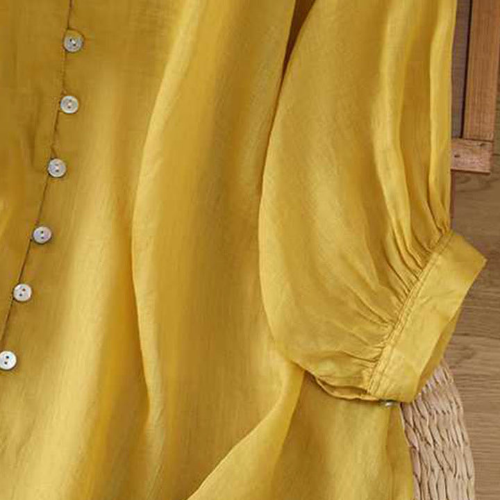 Camicia in cotone e lino con maniche a tre quarti, casual, tinta unita, da donna, con scollo a V, a fila singola, multi- Buddha Stones - image 8