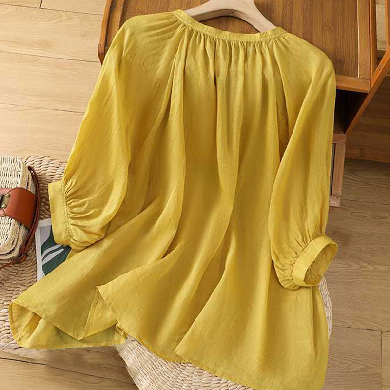 Camicia in cotone e lino con maniche a tre quarti, casual, tinta unita, da donna, con scollo a V, a fila singola, multi- Buddha Stones - image 1