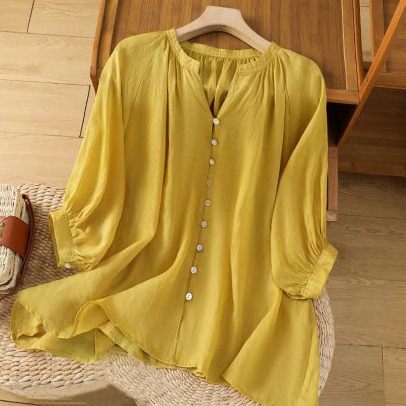 Camicia in cotone e lino con maniche a tre quarti, casual, tinta unita, da donna, con scollo a V, a fila singola, multi- Buddha Stones - Oro - US12, UK/AU16, EU44 (2XL) - image 0
