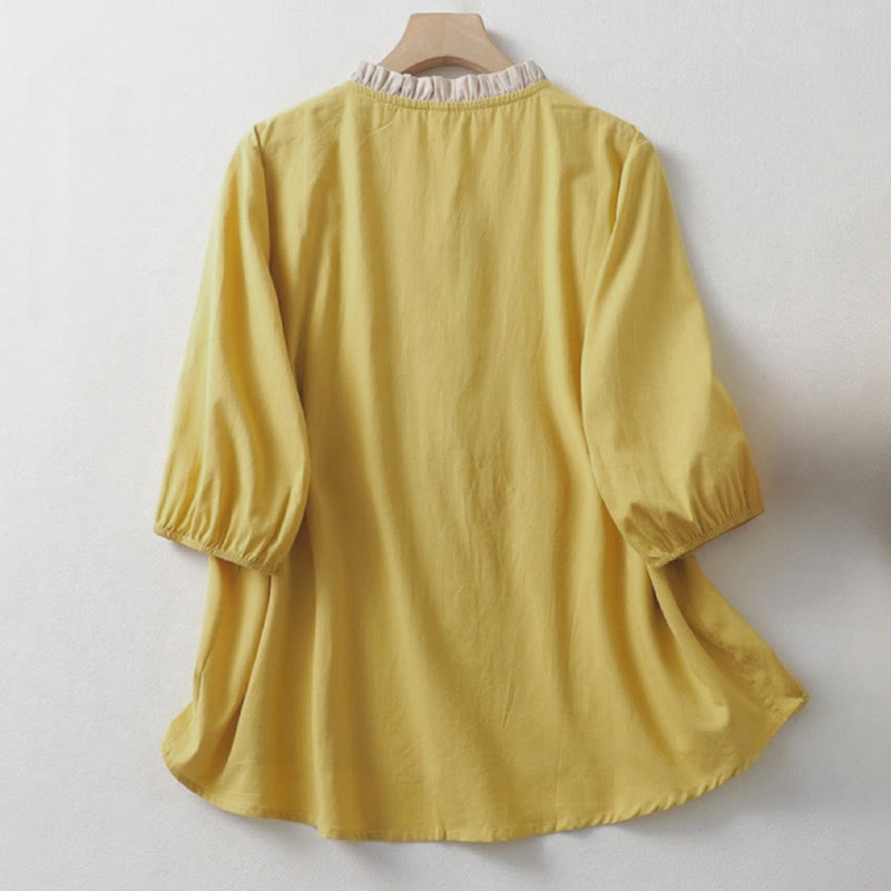 Camicia da donna in cotone e lino con maniche corte, modello Buddha Stones, casual, tinta unita, con bottoni a rana
