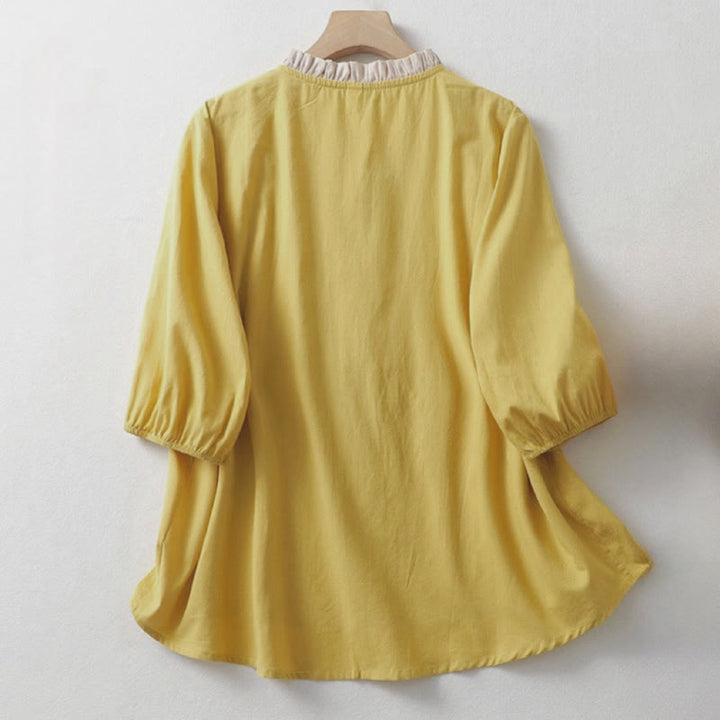 Camicia da donna in cotone e lino con maniche corte, modello Buddha Stones, casual, tinta unita, con bottoni a rana