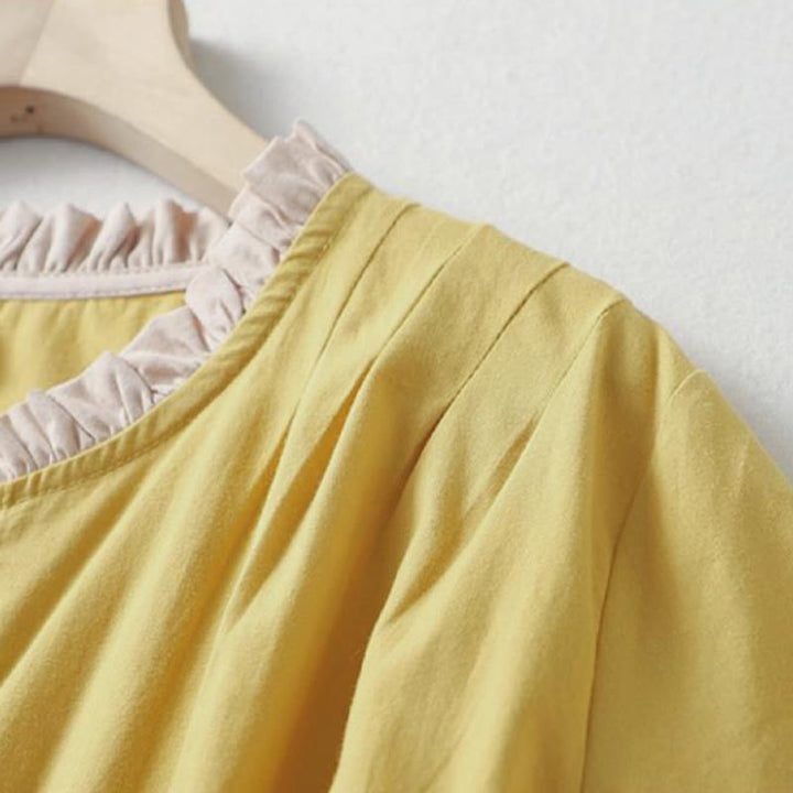 Camicia da donna in cotone e lino con maniche corte, modello Buddha Stones, casual, tinta unita, con bottoni a rana
