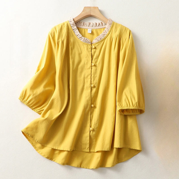 Camicia da donna in cotone e lino con maniche corte, modello Buddha Stones, casual, tinta unita, con bottoni a rana