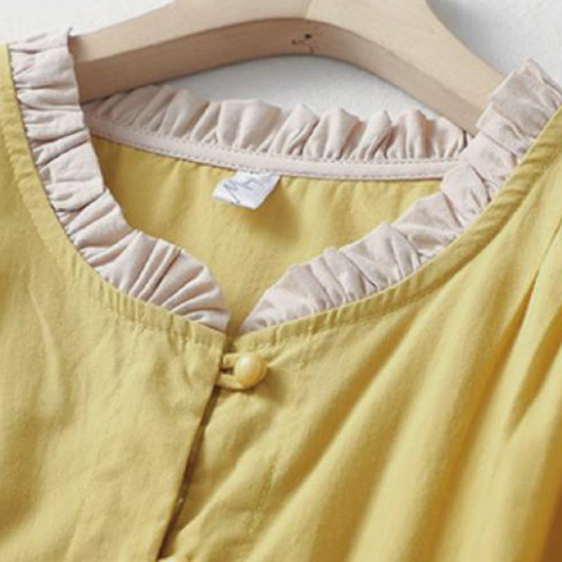 Camicia da donna in cotone e lino con maniche corte, modello Buddha Stones, casual, tinta unita, con bottoni a rana