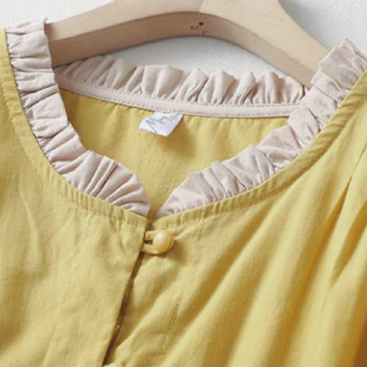 Camicia da donna in cotone e lino con maniche corte, modello Buddha Stones, casual, tinta unita, con bottoni a rana