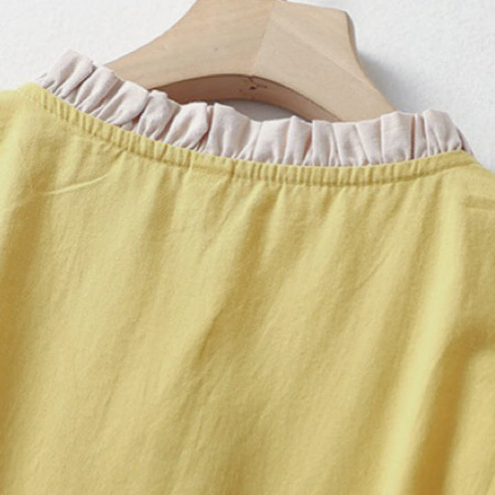 Camicia da donna in cotone e lino con maniche corte, modello Buddha Stones, casual, tinta unita, con bottoni a rana - image 3