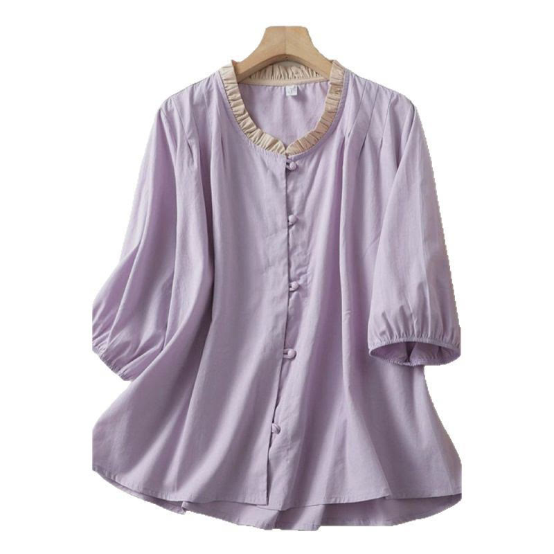 Camicia da donna in cotone e lino con maniche corte, modello Buddha Stones, casual, tinta unita, con bottoni a rana
