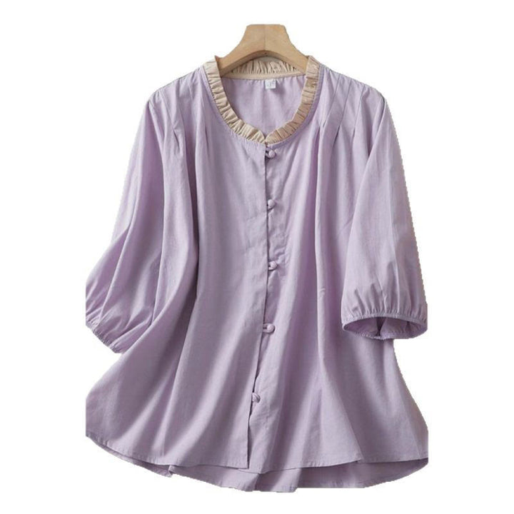 Camicia da donna in cotone e lino con maniche corte, modello Buddha Stones, casual, tinta unita, con bottoni a rana