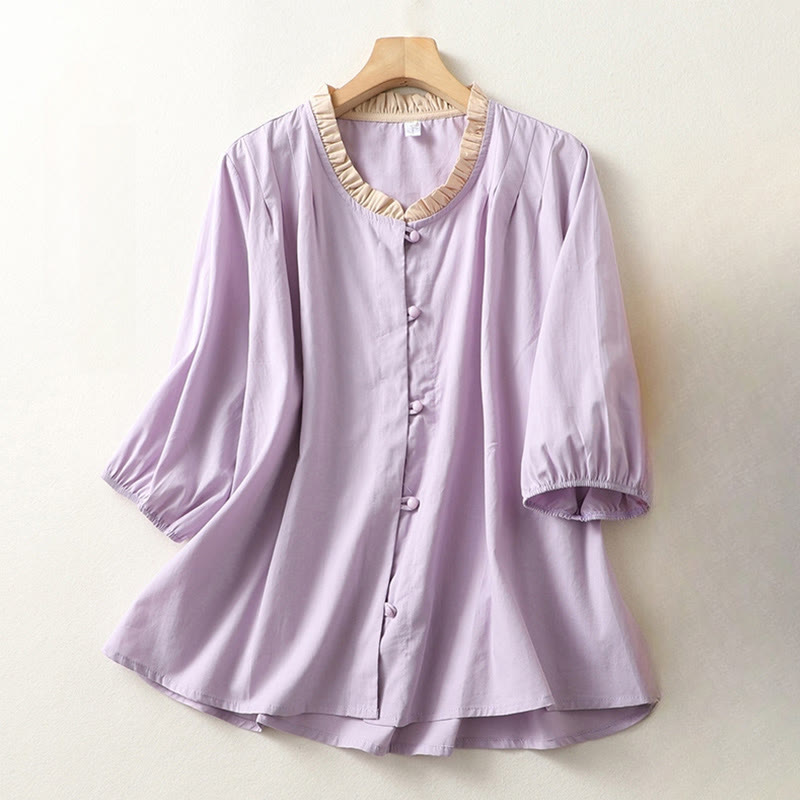 Camicia da donna in cotone e lino con maniche corte, modello Buddha Stones, casual, tinta unita, con bottoni a rana