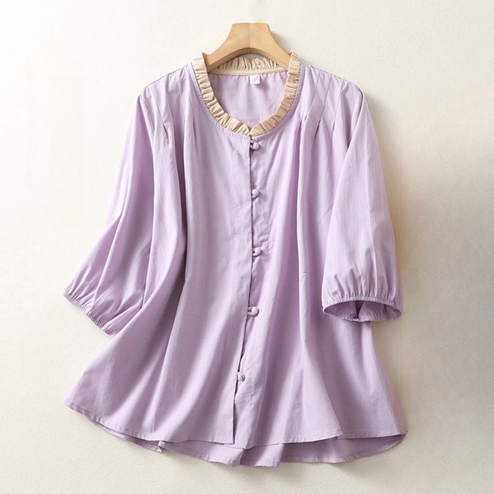 Camicia da donna in cotone e lino con maniche corte, modello Buddha Stones, casual, tinta unita, con bottoni a rana