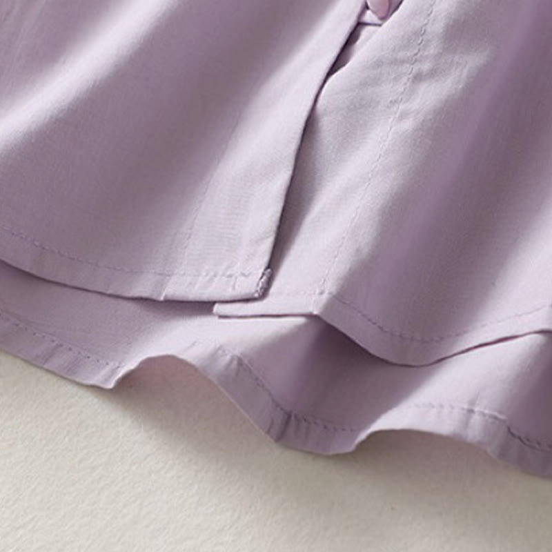 Camicia da donna in cotone e lino con maniche corte, modello Buddha Stones, casual, tinta unita, con bottoni a rana