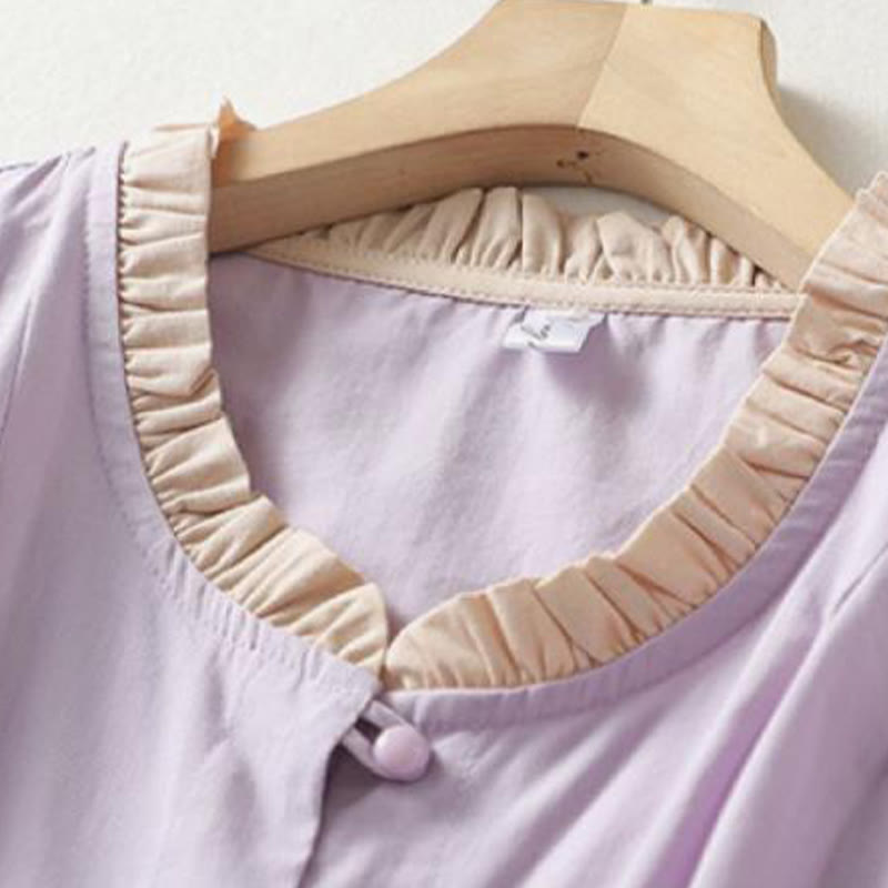 Camicia da donna in cotone e lino con maniche corte, modello Buddha Stones, casual, tinta unita, con bottoni a rana