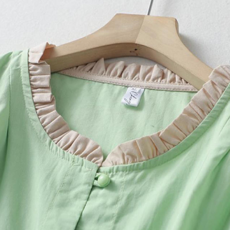 Camicia da donna in cotone e lino con maniche corte, modello Buddha Stones, casual, tinta unita, con bottoni a rana
