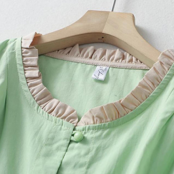 Camicia da donna in cotone e lino con maniche corte, modello Buddha Stones, casual, tinta unita, con bottoni a rana
