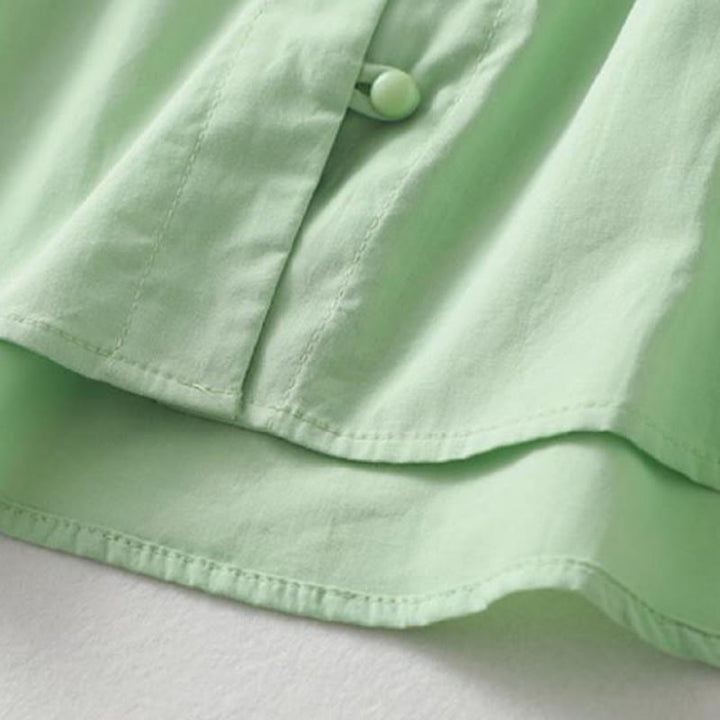 Camicia da donna in cotone e lino con maniche corte, modello Buddha Stones, casual, tinta unita, con bottoni a rana