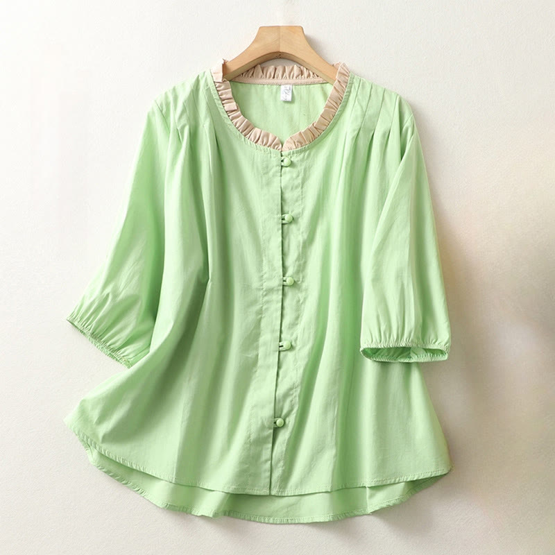 Camicia da donna in cotone e lino con maniche corte, modello Buddha Stones, casual, tinta unita, con bottoni a rana