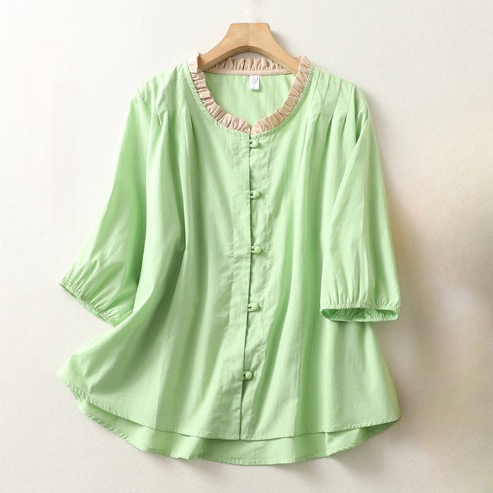 Camicia da donna in cotone e lino con maniche corte, modello Buddha Stones, casual, tinta unita, con bottoni a rana