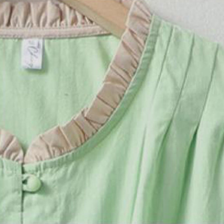 Camicia da donna in cotone e lino con maniche corte, modello Buddha Stones, casual, tinta unita, con bottoni a rana - image 15