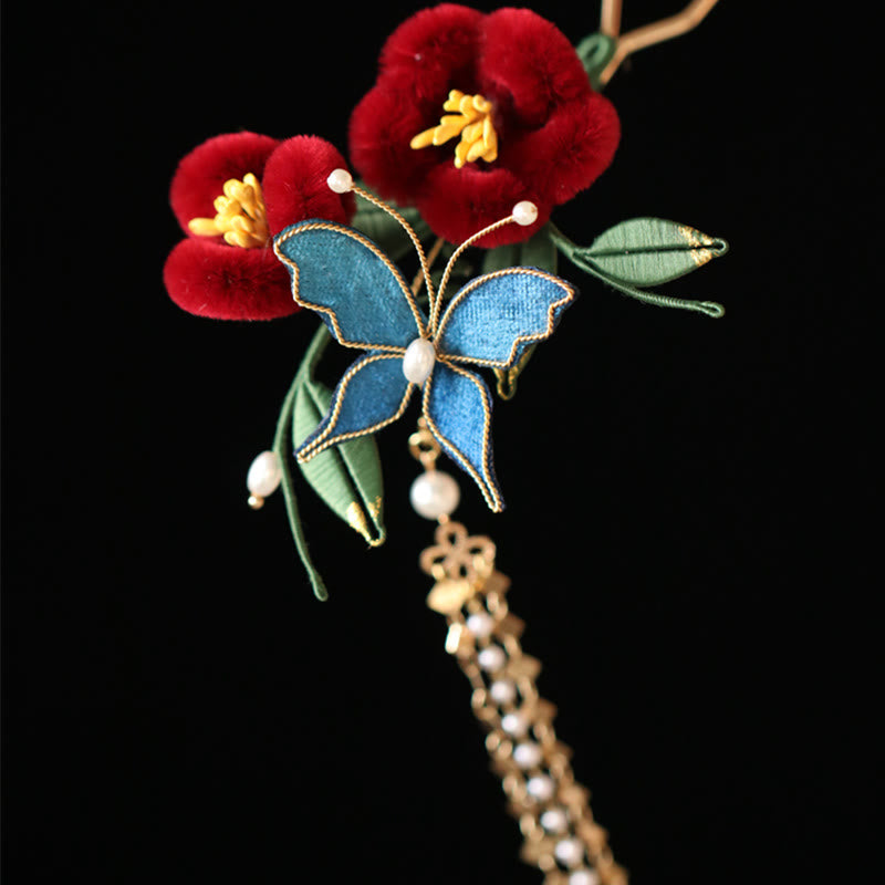 Buddha Stones Stile cinese classico Fiore rosso Farfalla blu Forcina per capelli Pettine per capelli Barrette