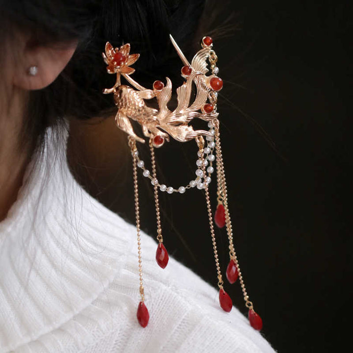 Buddha Stones in stile cinese Koi Fish Flower Tassel Red Agate Rame placcato oro Forcina per capelli Pettine per capelli