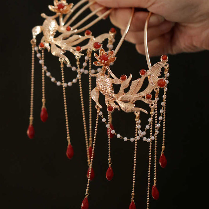 Buddha Stones in stile cinese Koi Fish Flower Tassel Red Agate Rame placcato oro Forcina per capelli Pettine per capelli