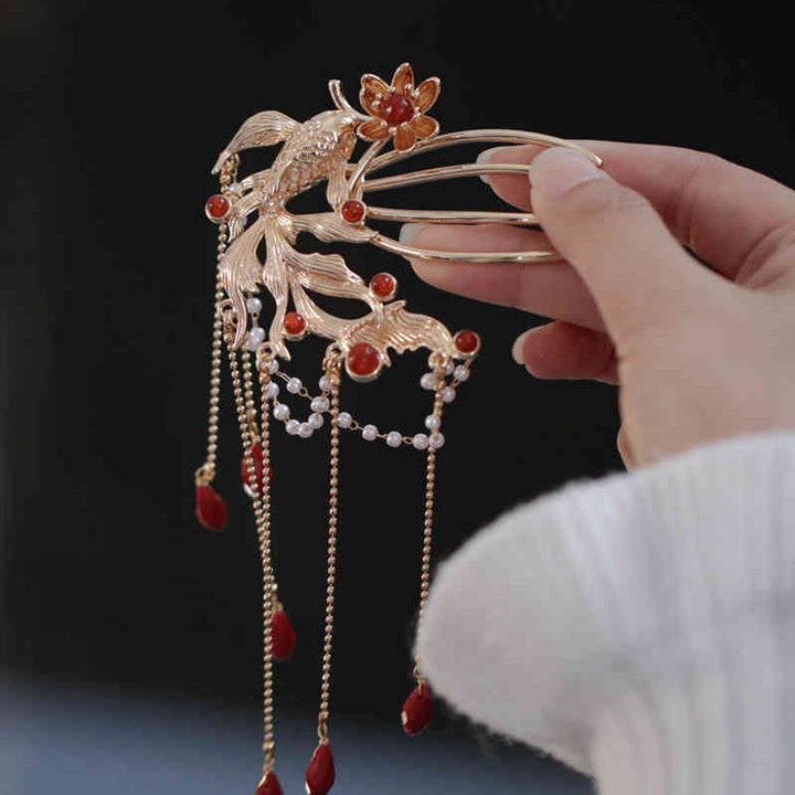 Buddha Stones in stile cinese Koi Fish Flower Tassel Red Agate Rame placcato oro Forcina per capelli Pettine per capelli
