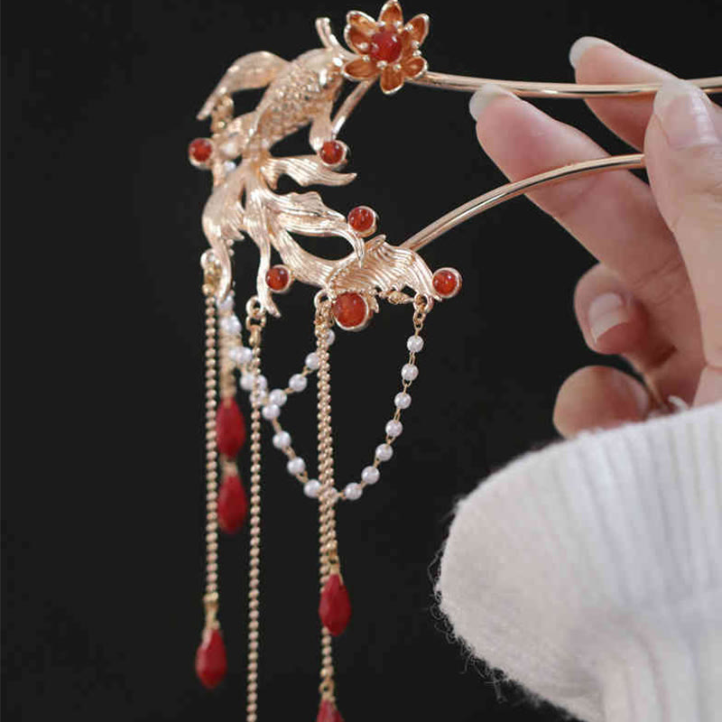 Buddha Stones in stile cinese Koi Fish Flower Tassel Red Agate Rame placcato oro Forcina per capelli Pettine per capelli