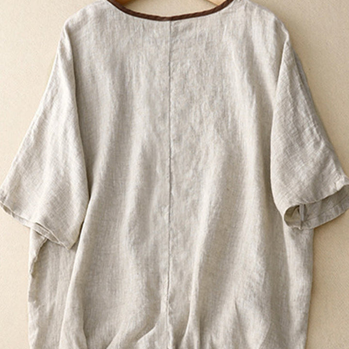 T-shirt da donna a maniche corte con scollo rotondo e coulisse, con ricamo Buddha Stones, in cotone e lino. - image 2