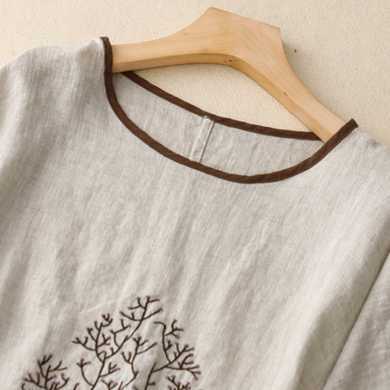 Maglietta da donna in cotone e lino con scollo a giro e coulisse, casual, con ricamo Buddha Stones Tree